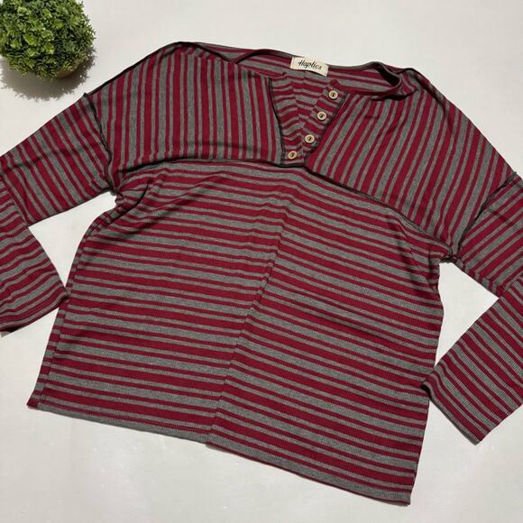 Tops - Hoptics Gray Red Ribbed Knit Loose Oversized Ling Sleeve Henley Top Shirt Medium